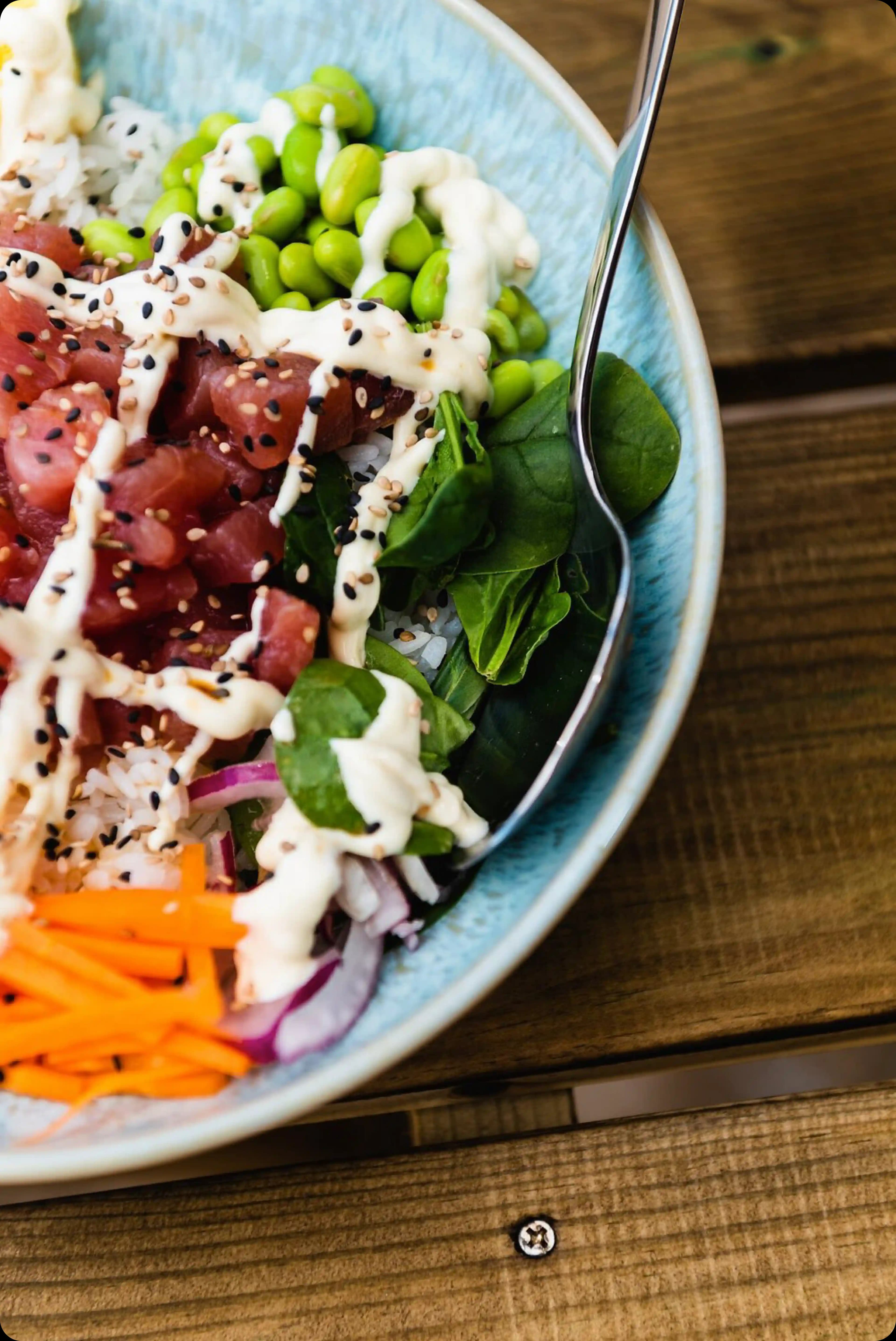 A healthy bowl of fresh greens topped with seared tuna, edamame, and a creamy white sauce.